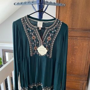 Knox Rose Green Embroidered Blouse Size Medium NWT